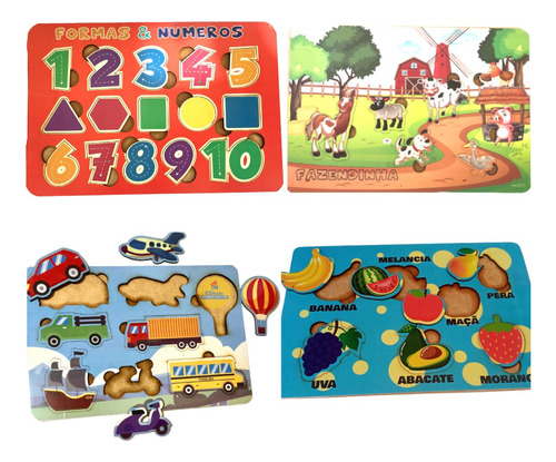 Kit 4 Quebra Cabeça Infantil Encaixe Em Mdf Educativo Frutas Transporte Fazendinha Números e formas