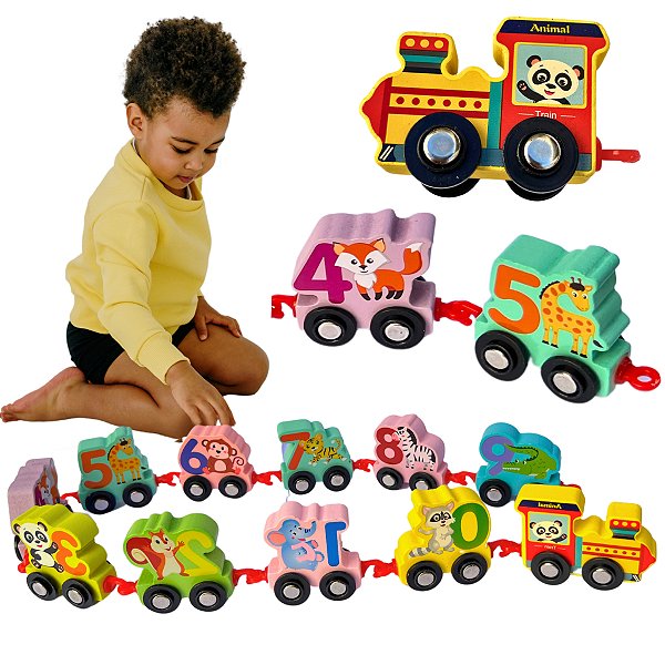 Trenzinho Educativo de Madeira Infantil Números 0 a 9 Brinquedo Pedagógico Colorido Montessori