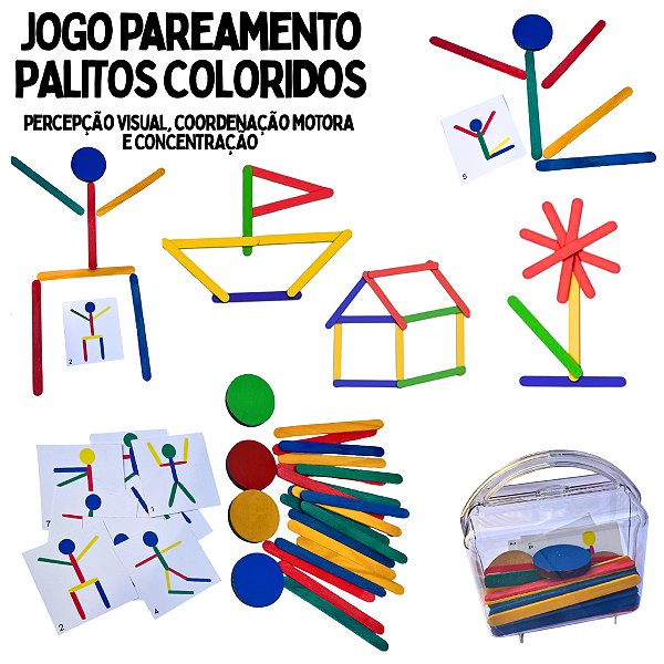 Kit Jogo Pareamento de Cores e Forma Figuras Palitos Coloridos