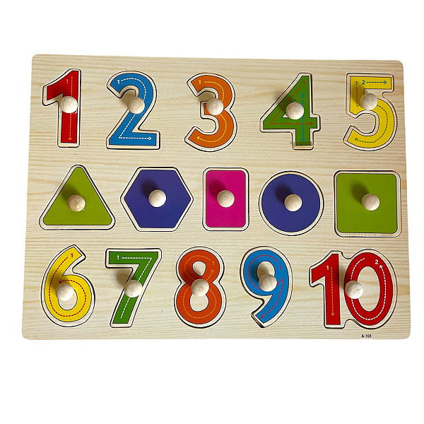 Quebra Cabeças Pinos Alfabeto + Números e Formas em MDF Brinquedo Educativo Montessori - Números e Formas