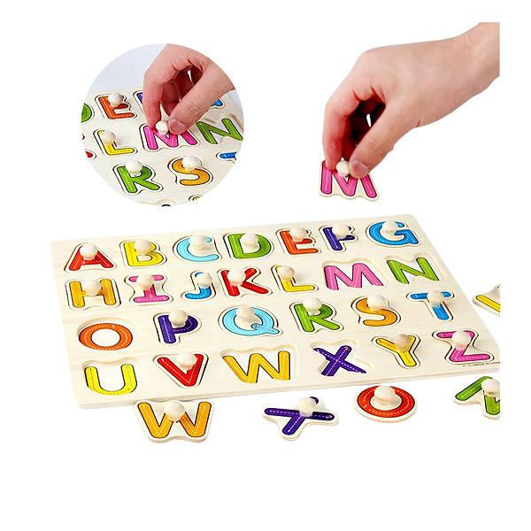 Quebra Cabeças Pinos Alfabeto + Números e Formas em MDF Brinquedo Educativo Montessori - Alfabeto