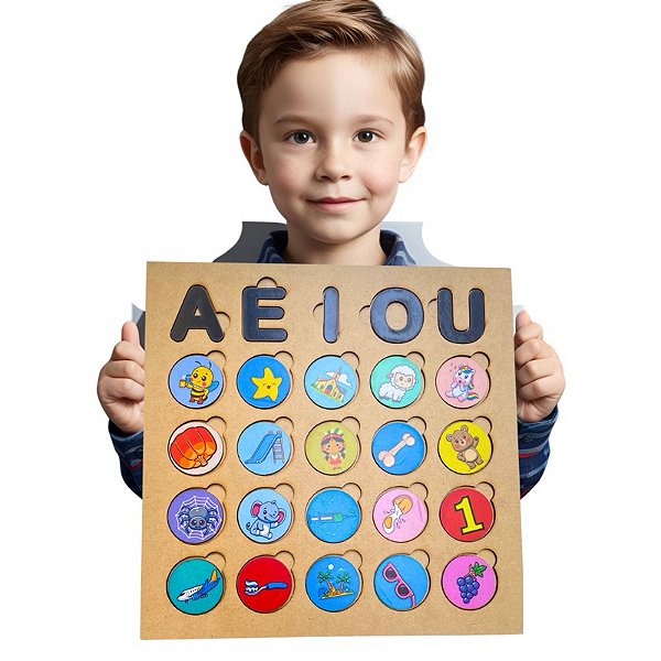 Jogo Aprendendo as Vogais com Imagens Brinquedo Educativo e Pedagógico em Madeira MDF
