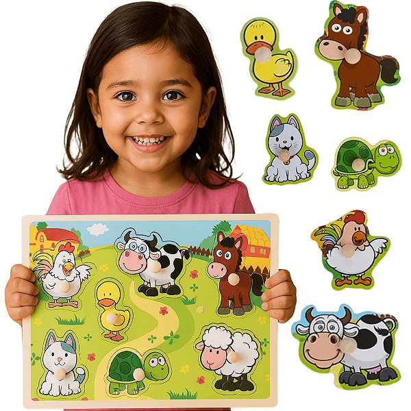 Brinquedo Encaixe Pinos Fazenda Quebra-Cabeça Educativo Animais em MDF