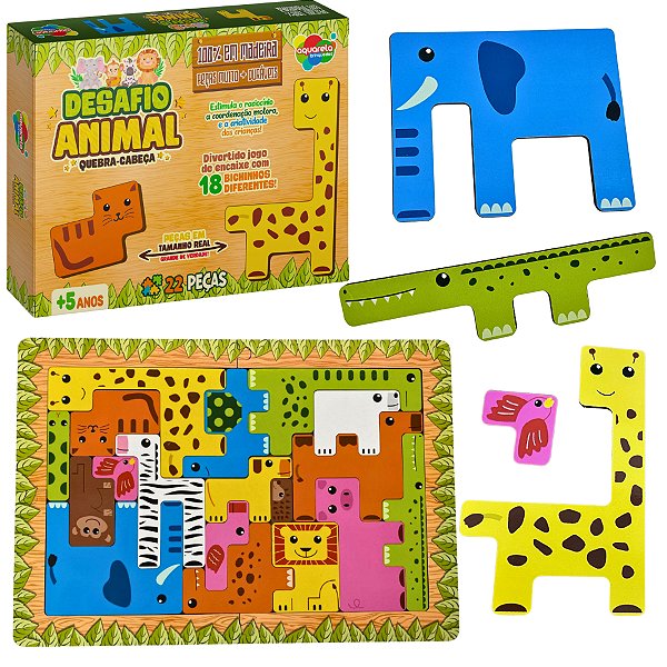 Quebra Cabeça Desafio Animal em Madeira Brinquedo Educativo Divertido