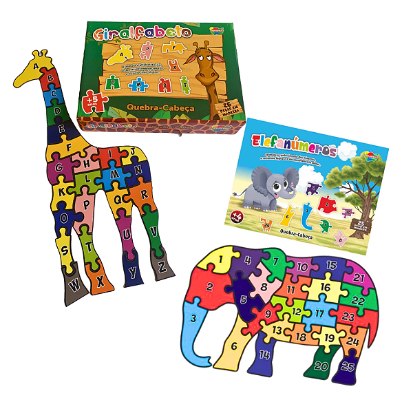 Kit Quebra Cabeça Educativo Alfabeto e Números em MDF Giralfabeto e Elefanumeros