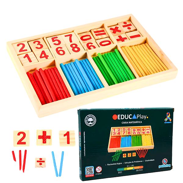 Caixa Matemática Brinquedo Didático De Madeira Para Alfabetização Numérica Polibrinq