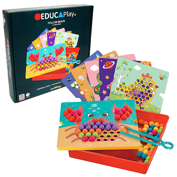 Follow Beads Jogo Coordenação Motora com 12 Desafios Educativo Infantil Polibrinq