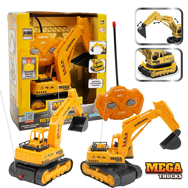 Carro Controle Remoto Retroescavadeira Brinquedo Infantil Menino Educativo Trator Polibrinq
