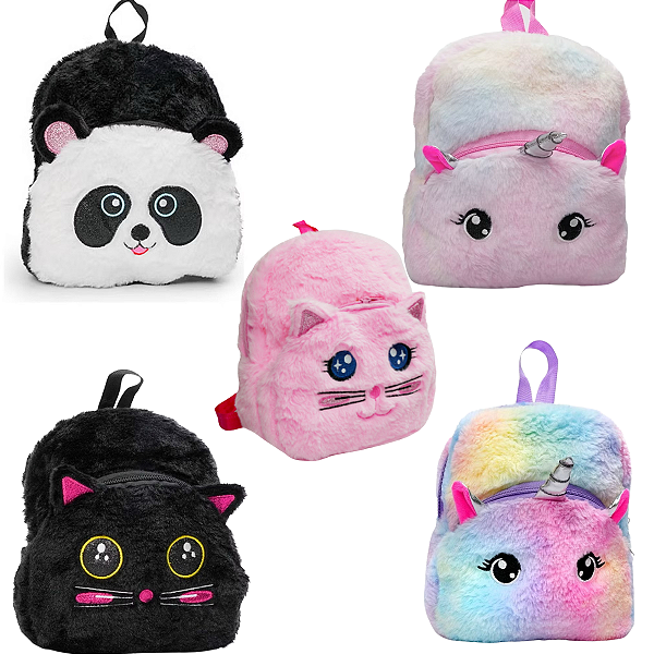 Mochila Escolar de Pelúcia Infantil Leve e Fofa com Zíper Polibrinq