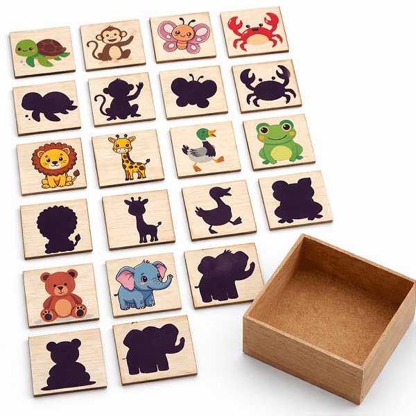 Jogo da Memória Infantil e Associação Animais e Sombras 20 Peças Madeira