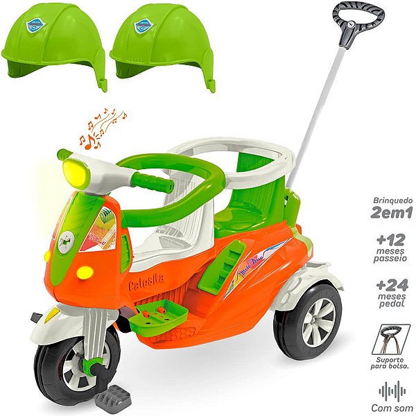 Triciclo Motoca Infantil Passeio Empurrador Pedal Som Verde