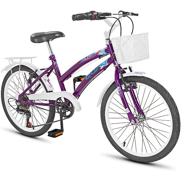 Bicicleta Feminina Infantil Aro20 Dks Dolphin C/Marcha Cesta - Roxo/ Branco