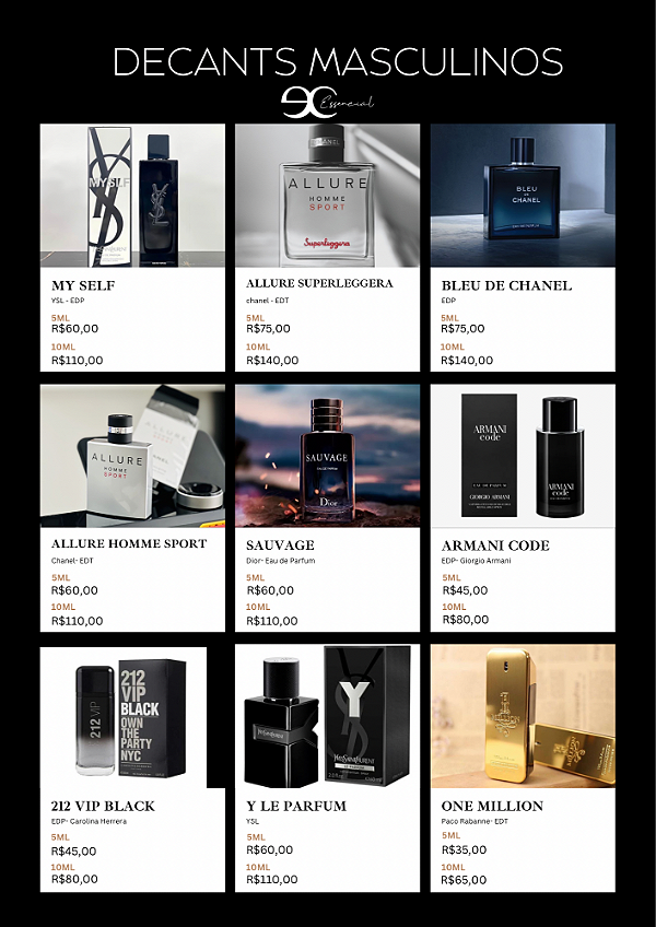 Tabela de DECANTS Masculinos. Para finalizar a comora de decants, clique no link que está na descrição.