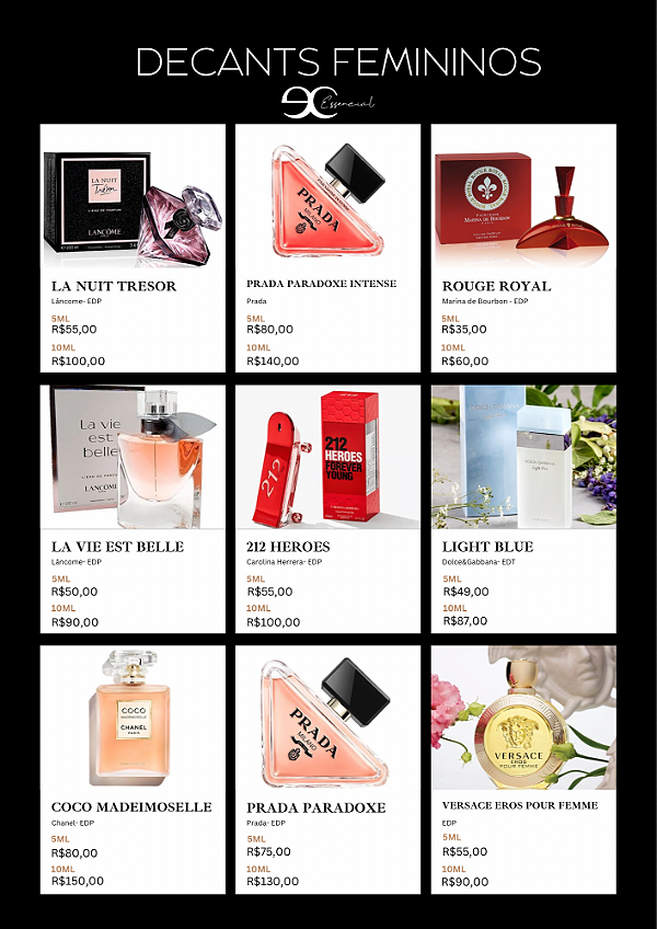 Tabela de Decants Femininos. Clique no link na descrição para finalizar a compra do decant