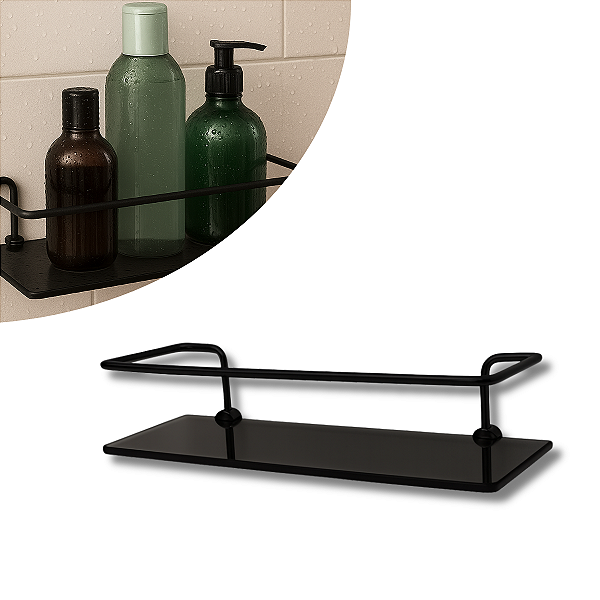 Porta Shampoo Reto Veneza Vidro Fumê - Haste Preta