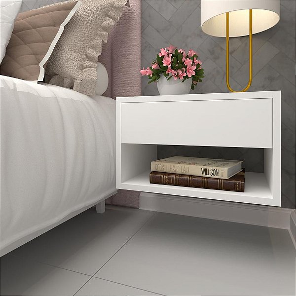 Mesa De Cabeceira Quarto Suspensa Branca Com Gaveta Mdf 40cm
