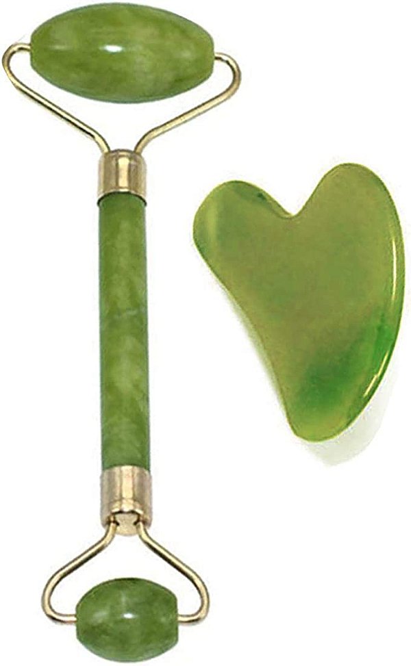 Rolo Pedra De Jade verde + Placa Gua Sha Massagem Facial Cor: Verde
