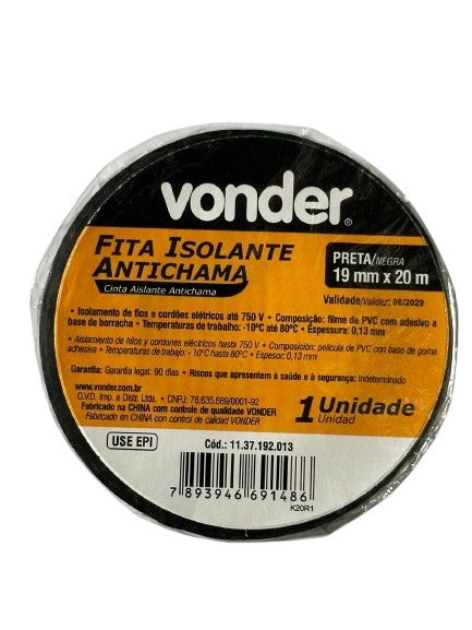 FITA ISOLANTE 19MMX20M PRETA VONDER
