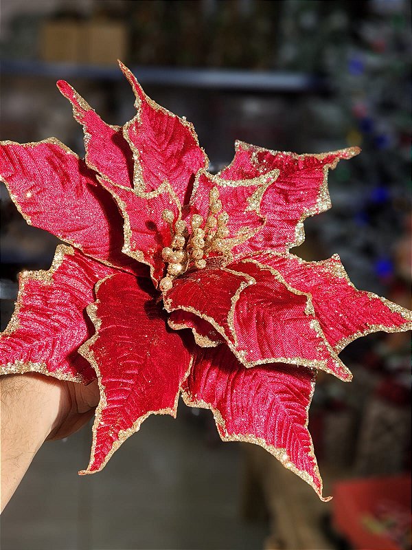 FLOR POINSETIA DECORATIVA VERMELHA 60CM