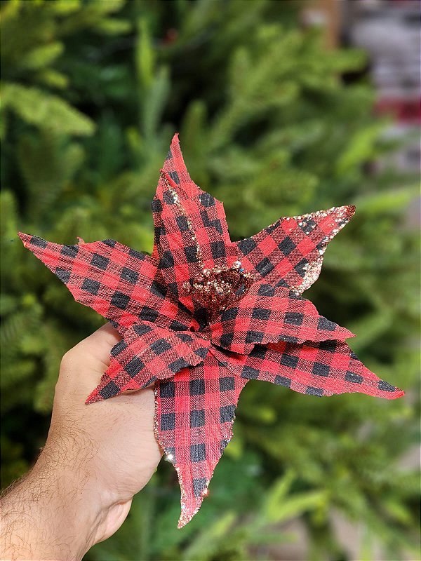FLOR POINSETIA DECORATIVA XADREZ 25CM