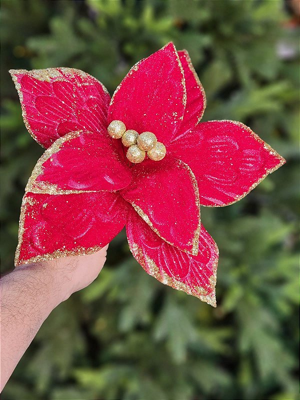 FLOR POINSETIA DECORATIVA VERMELHA - 30CM