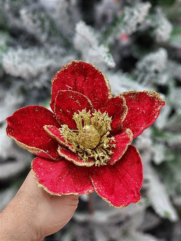 FLOR MAGNOLIA VERMELHA E DOURADA -  22CM