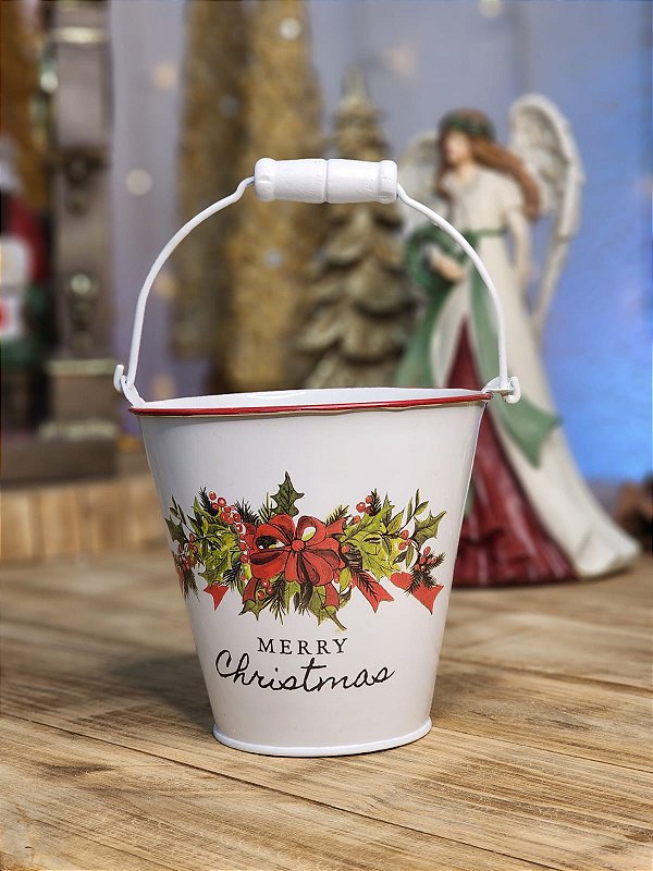 BALDE DE NATAL METAL C/ ALÇA - BRANCO 12CM