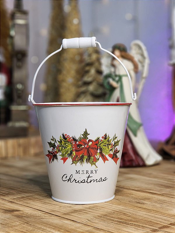 BALDE DE NATAL METAL C/ ALÇA - BRANCO 14CM