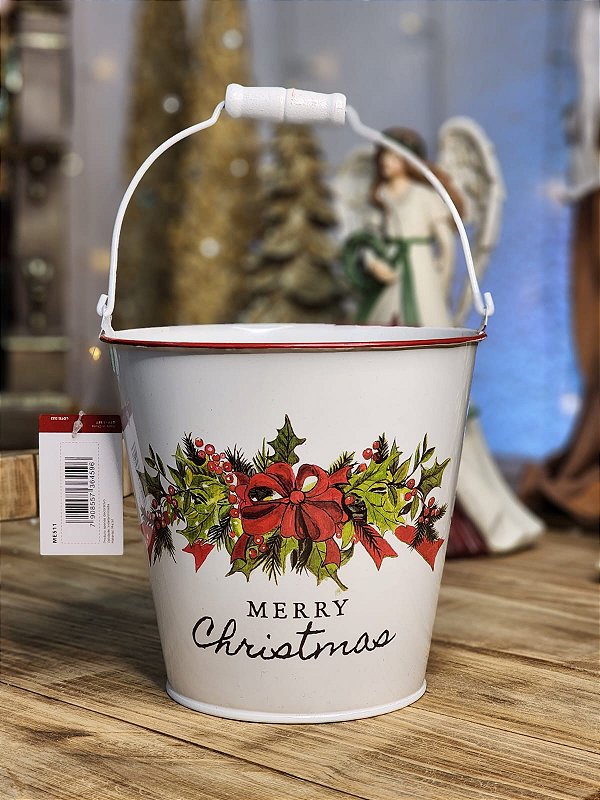 BALDE DE NATAL METAL C/ ALÇA - BRANCO 15CM