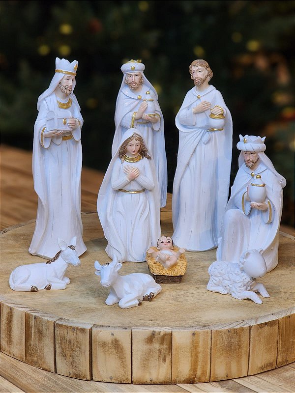 PRESÉPIO EM RESINA BRANCO 9 PÇS 19CM