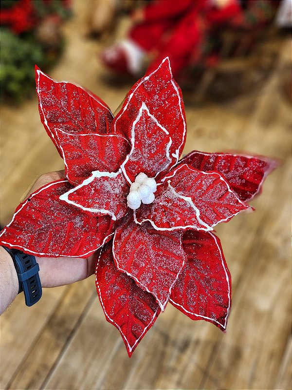 FLOR BICO DE PAPAGAIO AVELUDADO VERMELHO COM NEVE - 30CM