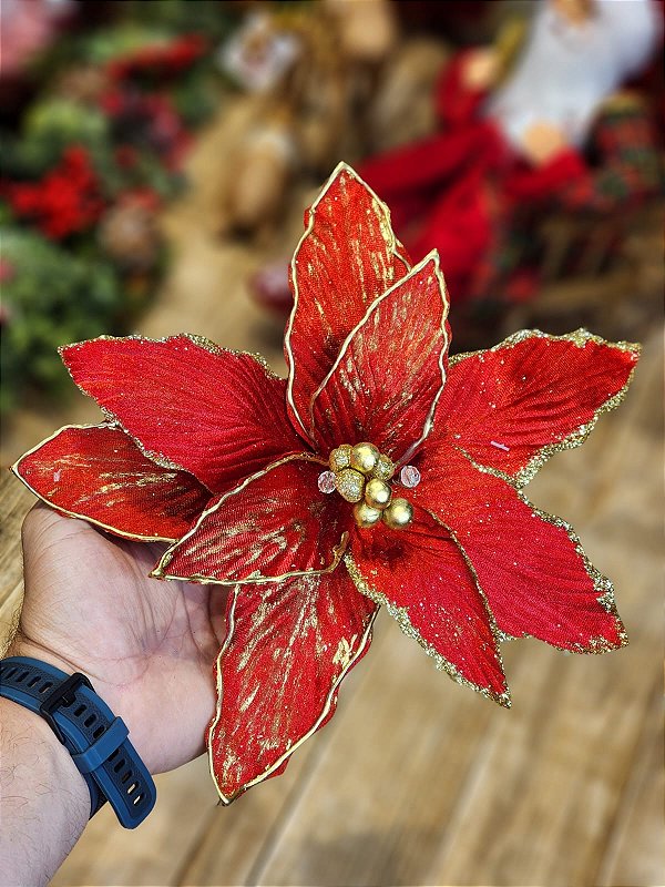 FLOR BICO DE PAPAGAIO VERMELHO COM DOURADO 28CM