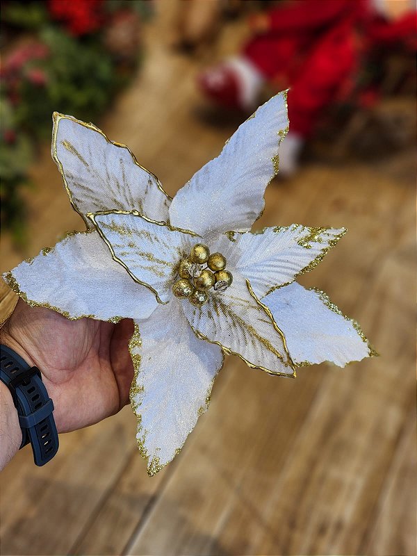 FLOR BICO DE PAPAGAIO BRANCO E DOURADO 28CM