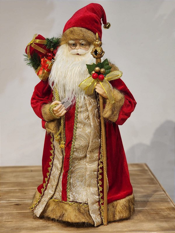 PAPAI NOEL EM PÉ VERMELHO E DOURADO 60CM