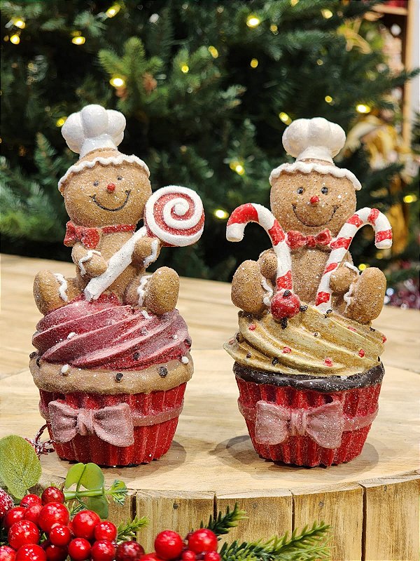 DUPLA DE BONECOS GINGERBREAD NO CUPCAKE 14CM