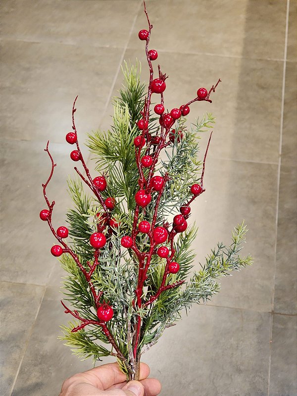 GALHO BERRY VERMELHO COM FOLHAGENS 65CM