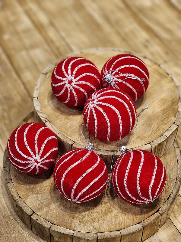 BOLA DECORADA VERMELHA E BRANCA - 8CM - C/6