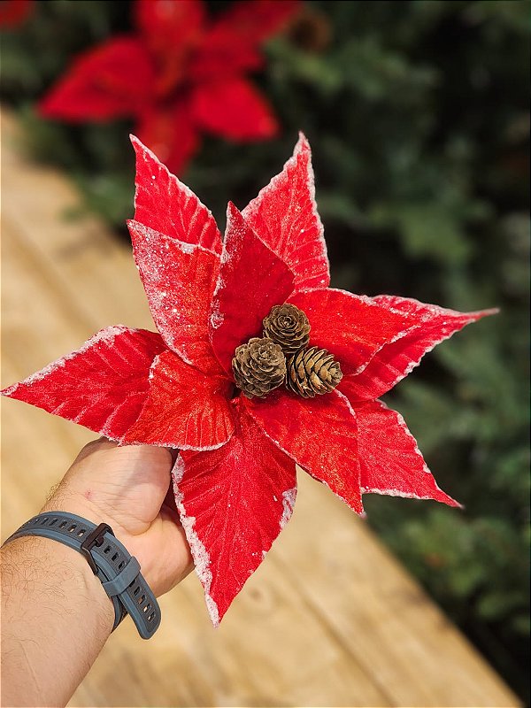 FLOR POINSETIA DECORATIVA VERMELHA COM PINHA - 26CM