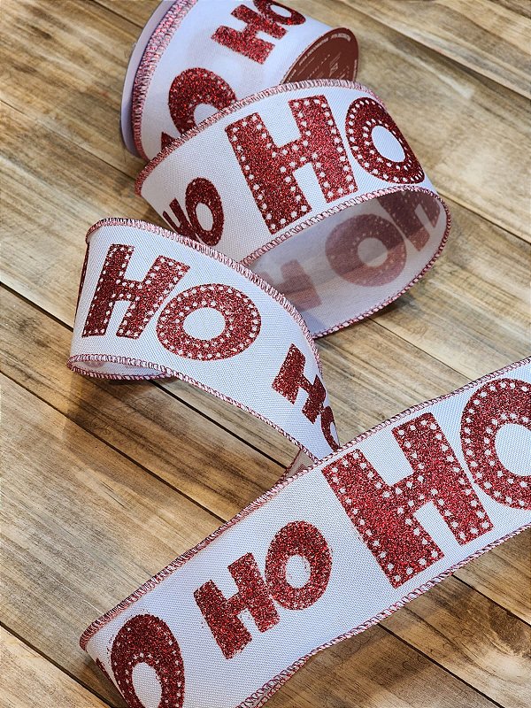 FITA ARAMADA DECORADA HO HO HO BRANCA E VERMELHA