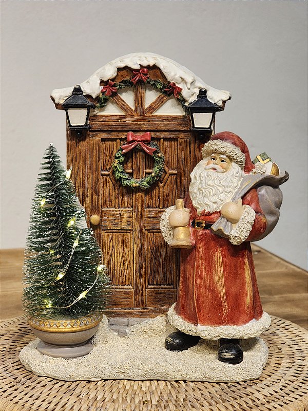 PAPAI NOEL A PORTA EM RESINA COM LUZ