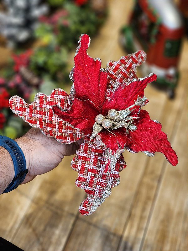 FLOR POINSÉTIA XADREZ VERMELHA E DOURADA  25CM