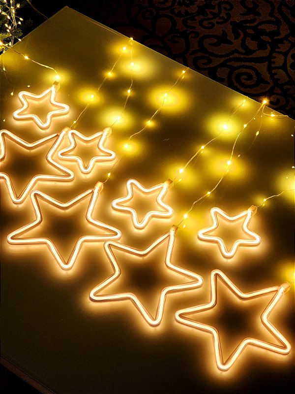 PISCA CASCATA 9 ESTRELAS DE NEON COM 160 LEDS WARM BIVOLT COM EMENDA E 8 FUNÇÕES
