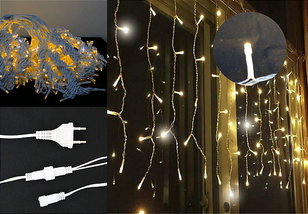 PISCA CASCATA WARM 200 LEDS 12 METROS COM STROBO BRANCO FRIO 220V