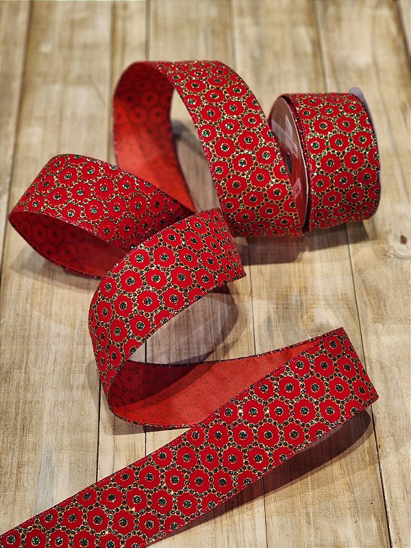 FITA ARAMADA VERMELHO COM GLITTER VERDE E DOURADO