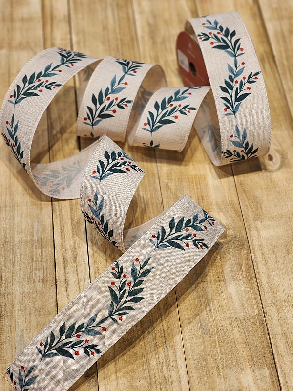 FITA ARAMADA BEGE COM GALHOS VERDE E VERMELHO