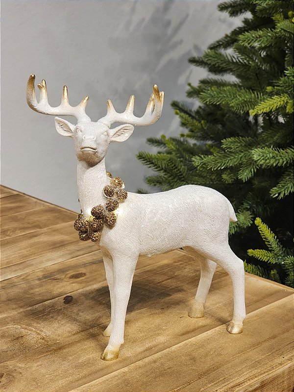 RENA EM PÉ BRANCA COM COLAR DE PINHAS COM LED 30CM