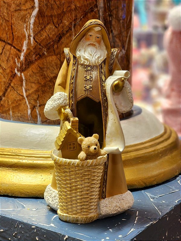PAPAI NOEL COM CESTO DE BRINQUEDOS EM RESINA 28CM