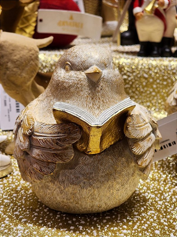 PÁSSARO NATALINO COM LIVRO EM RESINA 16CM