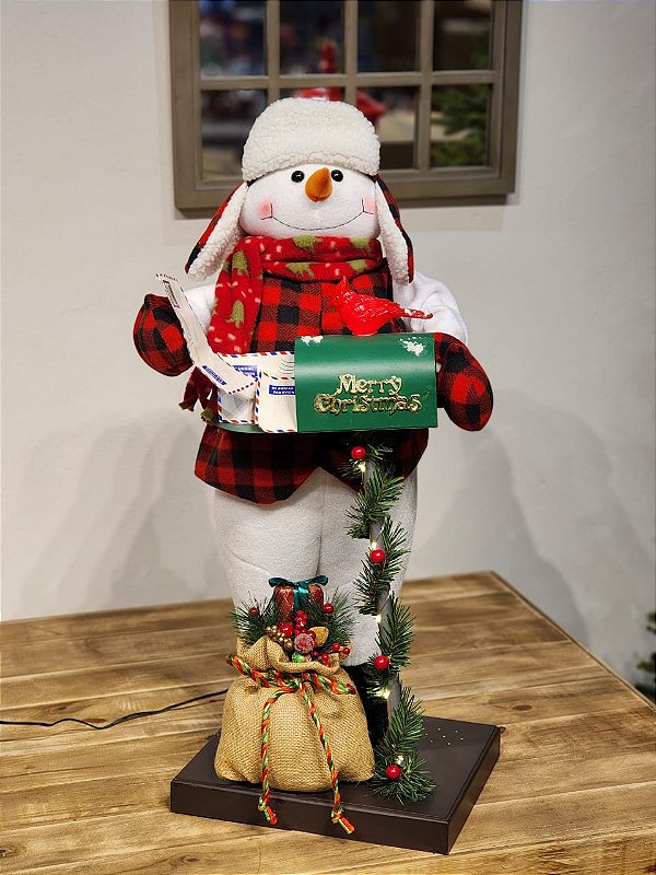 BONECO DE NEVE COM CAIXA DE CORREIO COM MOVIMENTOS SOM E LUZ 70CM