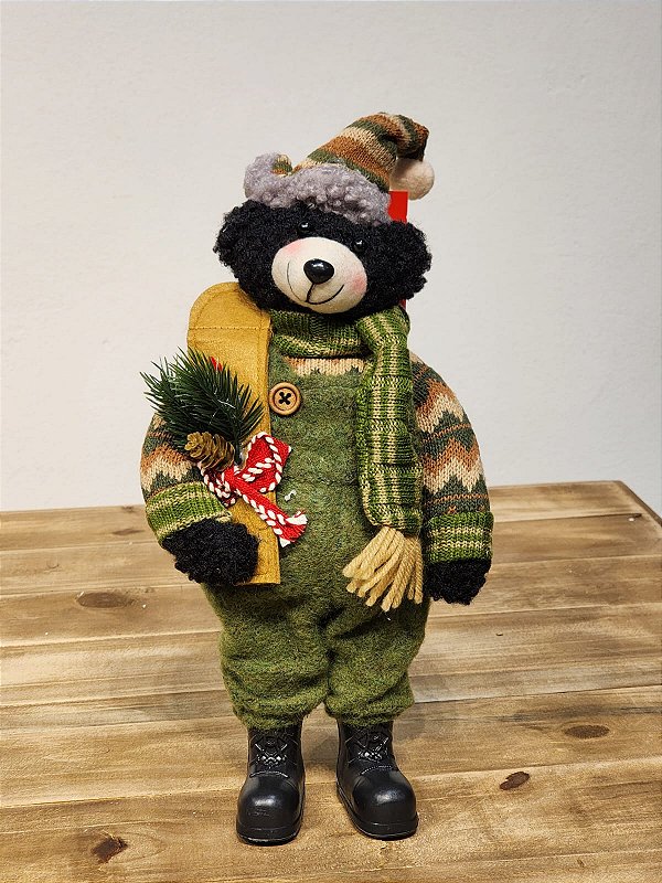 URSO NEGRO NATALINO XADREZ VERDE 31CM